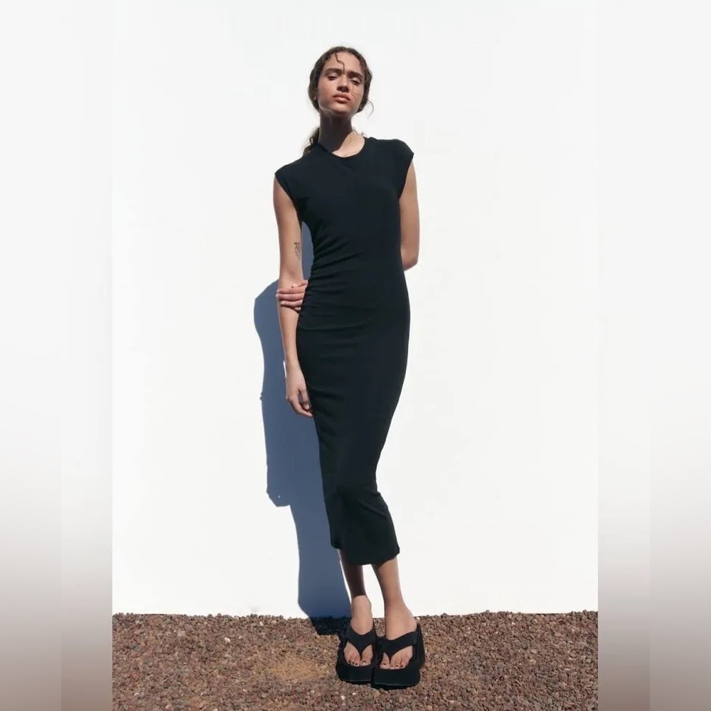 ZARA BLACK SLIM RIBBED MAXI DRESS XS